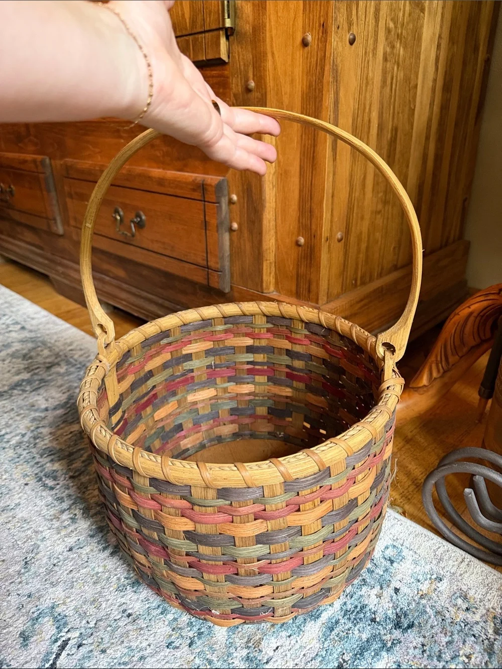 Vtg Handwoven Multicolor Storage Basket - Rustic Home Accent